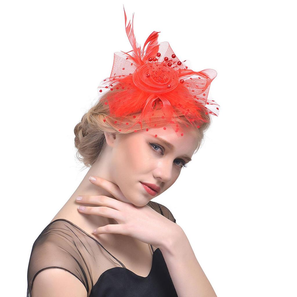 (male wardrobe)Women Flower Mesh Ribbons Feathers Headband Cocktail Tea Party Hat Headwear
