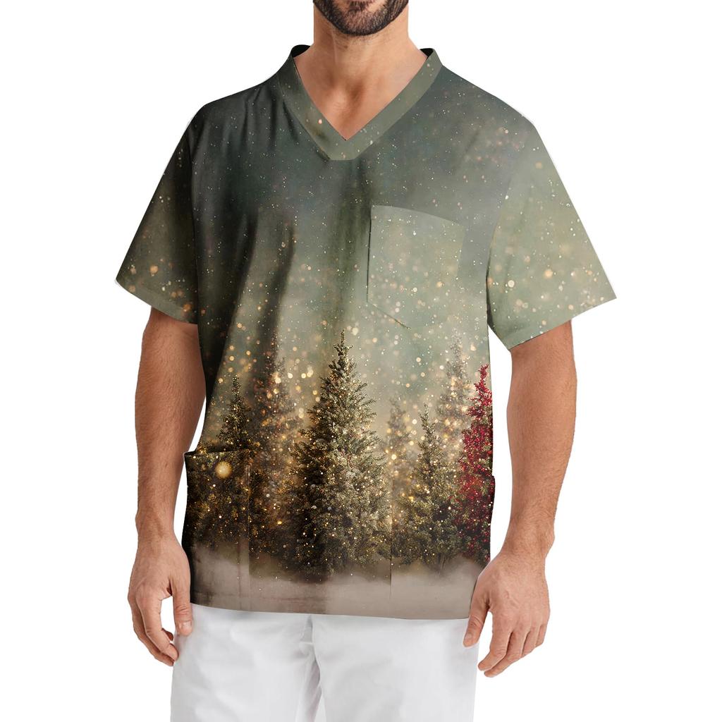 Мужская рабочая блузка с короткими рукавами и v-образным вырезом с принтом, топ с нагрудным карманом