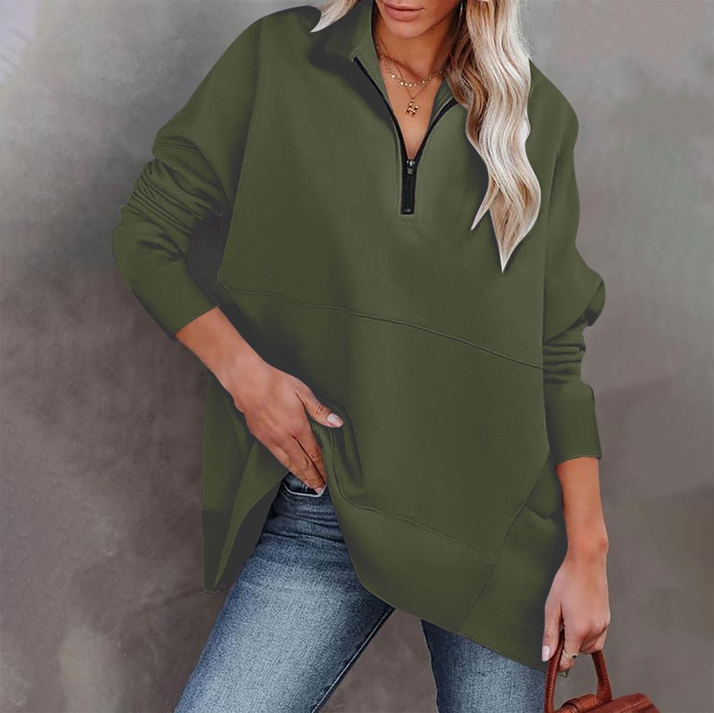 Женская повседневная спортивная рубашка оверсайз на половинной молнии, сплошной цвет с длинными рукавами и карманным пуловером, топ