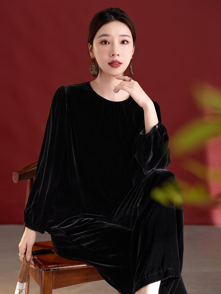 Топ кэжуал с длинным рукавом из жаккардового бархата из шелка тутового шелкопряда класса 6А с принтом тушью - Роскошь для осени/зимы