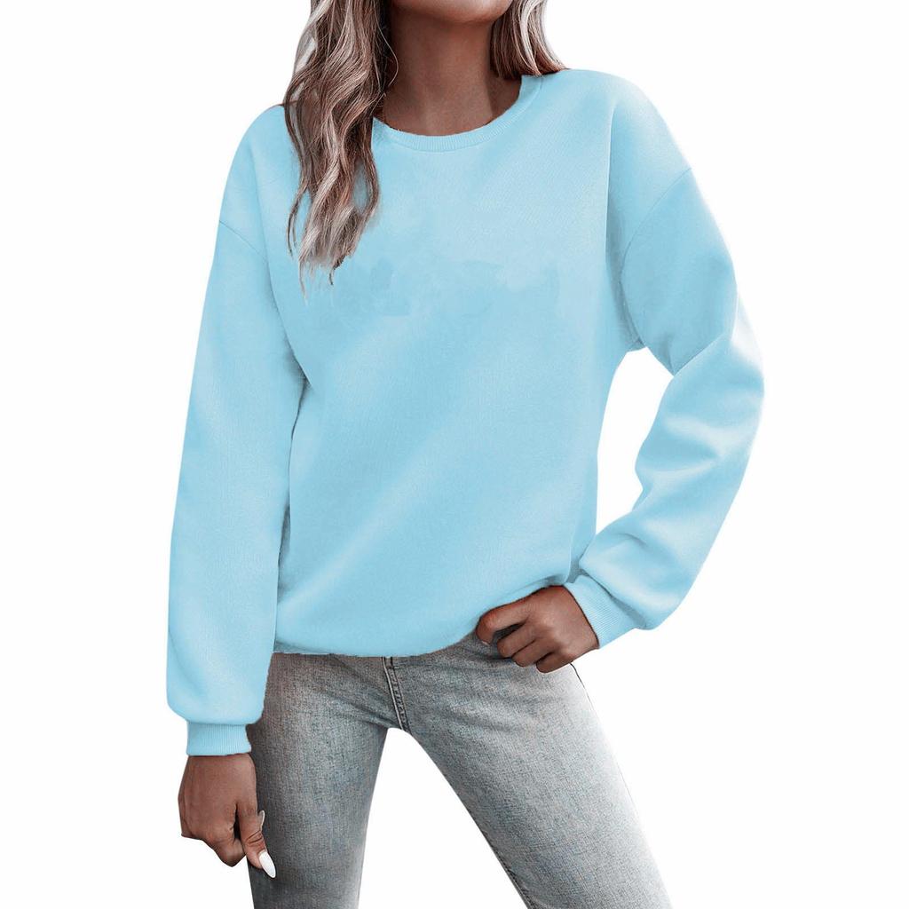 Women's European and American Loose Fit Round Neck Solid Sweatshirt - Autumn/Winter Plus Velvet Long Sleeve Casual Sports Top