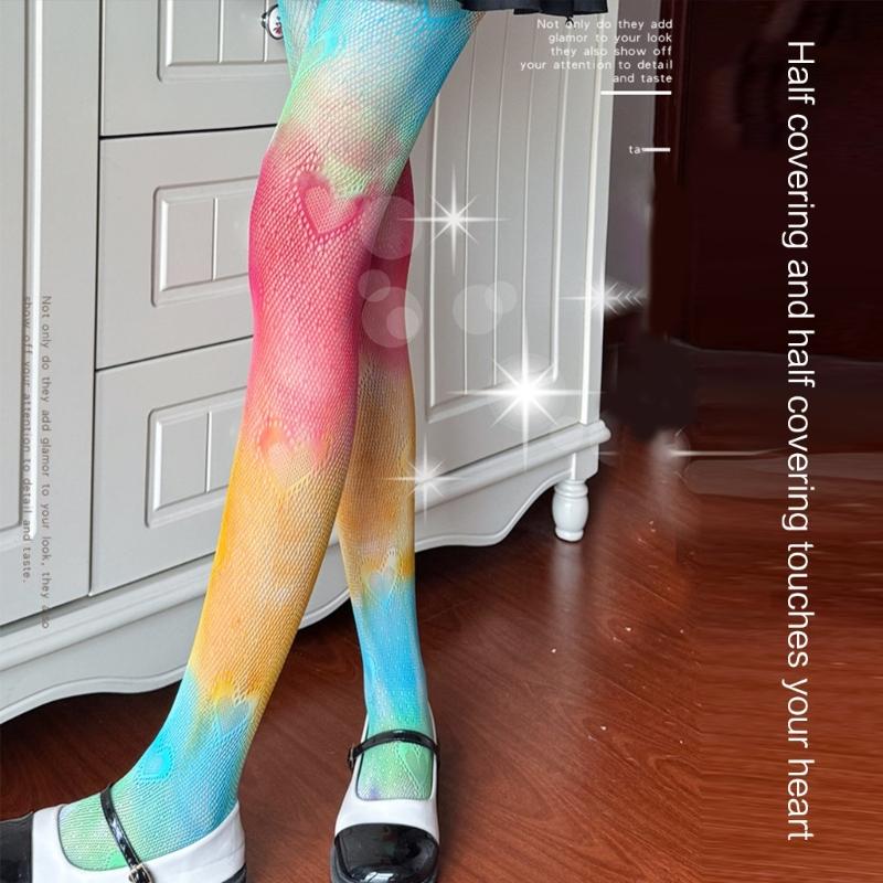 Sexy Gradients Rainbow Colorful Fishnet Tights for Women Candy Color Hollow Lace Jacquard Pantyhose JK Stockings Leggings