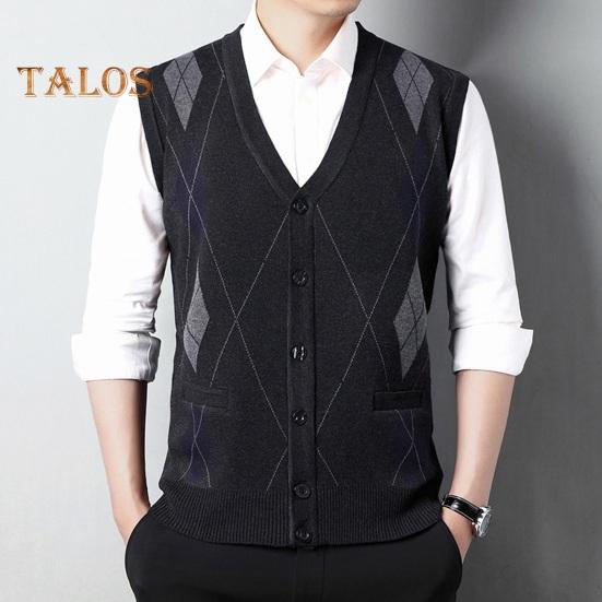 Men Autumn Winter Cardigan Sweater Single-breasted V Neck Sleeveless Buttons Color Matching Stretchy Pockets Knitted Vest Mid-aged Male Top