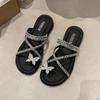 Fashion Shiny Rhinestone Butterfly Slides Women, Black Cross - Strap Sandals, Casual Daily Fashion Footwear