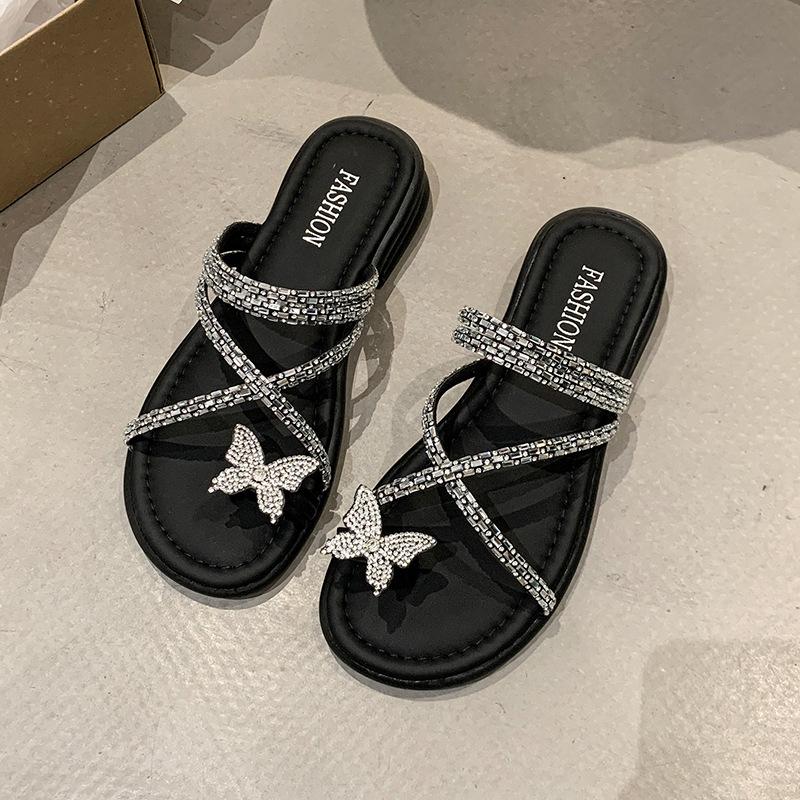 Fashion Shiny Rhinestone Butterfly Slides Women, Black Cross - Strap Sandals, Casual Daily Fashion Footwear