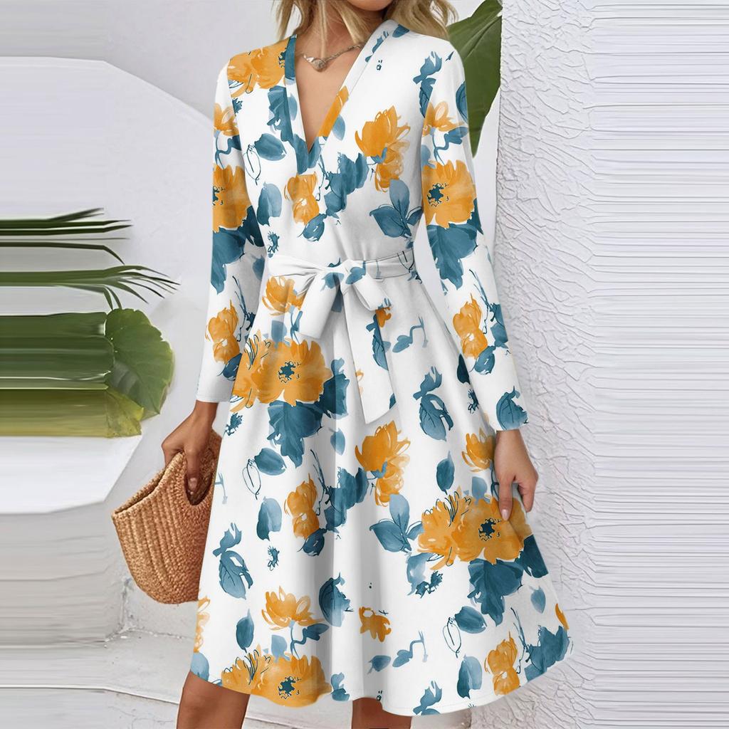 Women's Fashion Casual V-Neck Long Sleeve Waist Floral Print Midi Dress