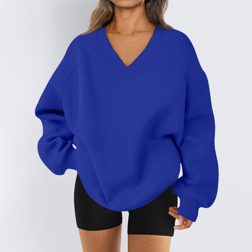 Ladies Long Sleeve Solid Color V-neck Sweatshirt