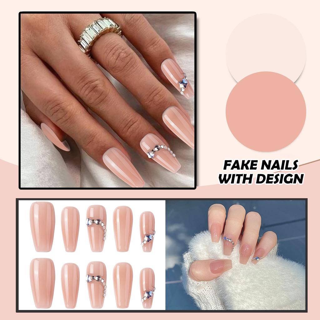Women Press On Nails Medium Fake Nails With Designs Nude Stick On Acrylic Nails Glossy Full Cover False Nails