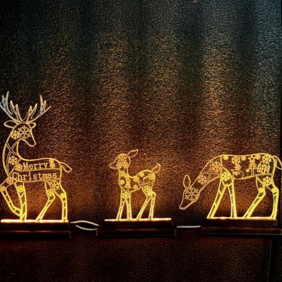 Metal Lighted Christmas Deer Decoration Light Up Reindeer Figurine with Wooden Base for Indoor Outdoor