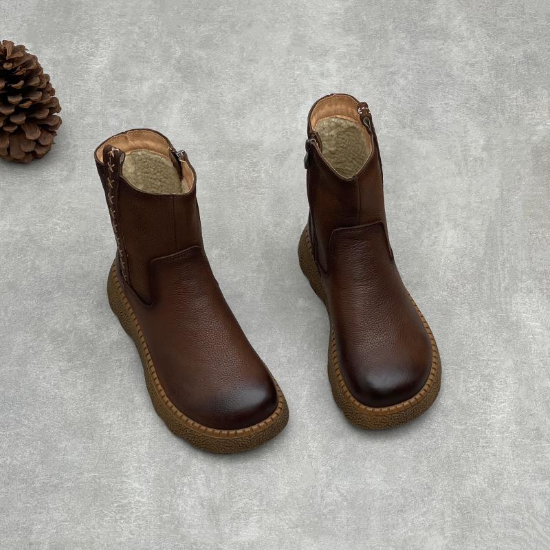 Johnature Винтажные женские сапоги из коровьей кожи с круглым носком, утепленные и на толстой подошве, из натуральной кожи, сапоги до середины икры