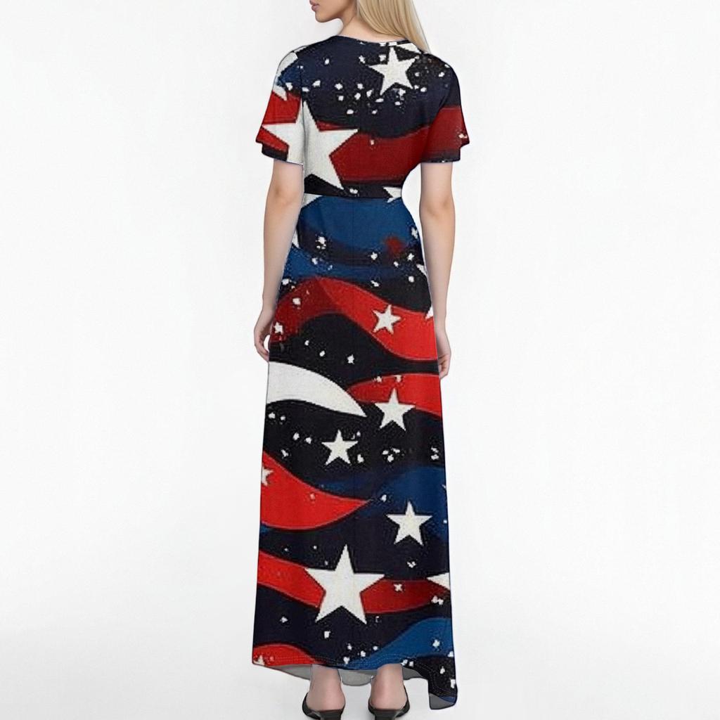 Женские повседневные модные длинные платья с принтом, платья с V-образным вырезом и коротким рукавом