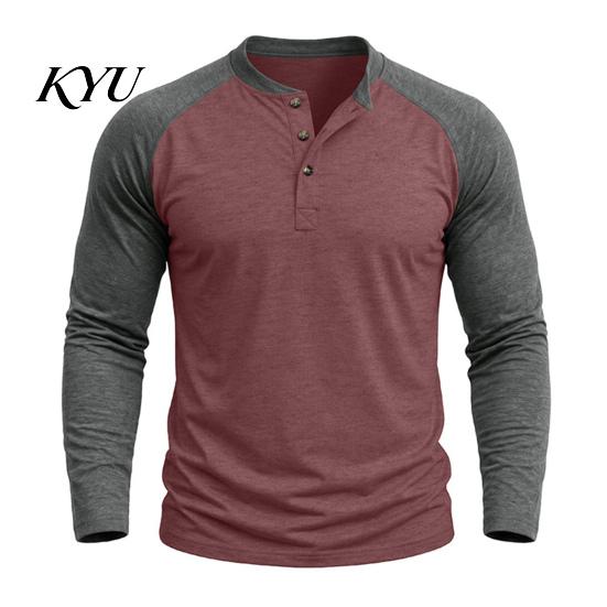 Contrast Raglan Sleeve Tees Men Shirt, Color Block Long T-Shirt, Button Neck Gift for Husband Dad Vintage Basic Tee Top Gym Street Daily Wear Durable