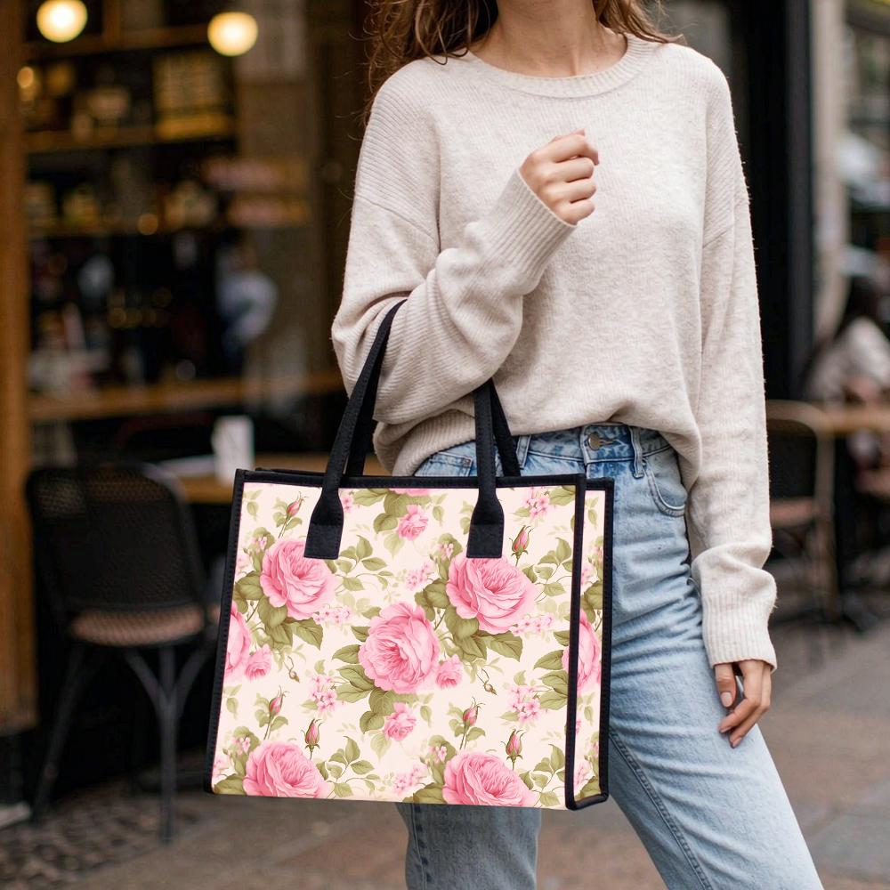 Floral Print Canvas Tote Bag Large Capacity Daily Carry Handbag for Shopping Travel Casual Use