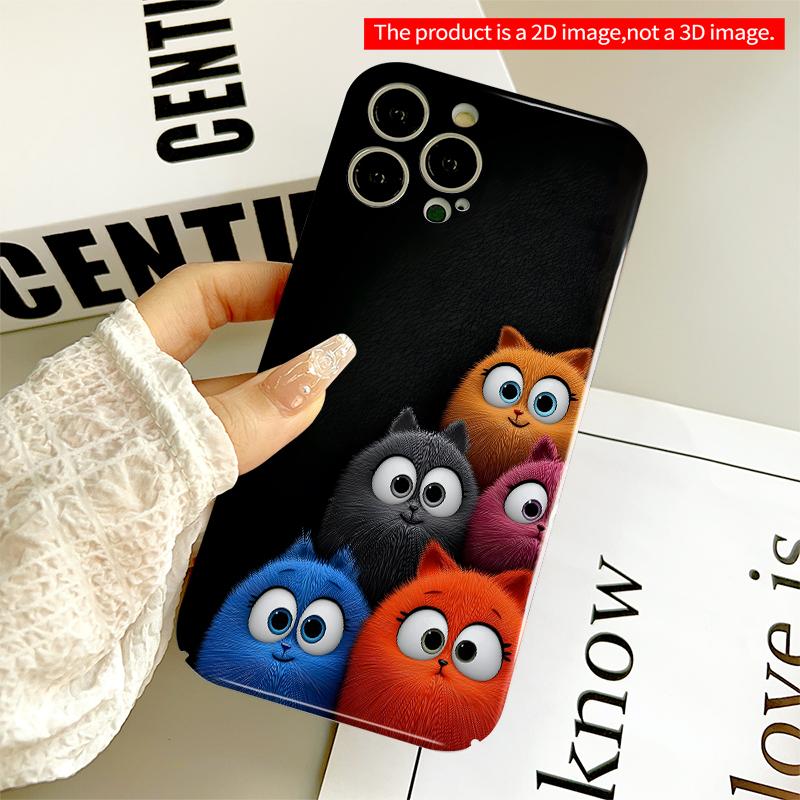 2DFlat Colorful Fluffy Cats Phone Case All inclusive film hard iPhone case, compatible with iPhone 18 Pro Max 17 16 15 14 13 12 11