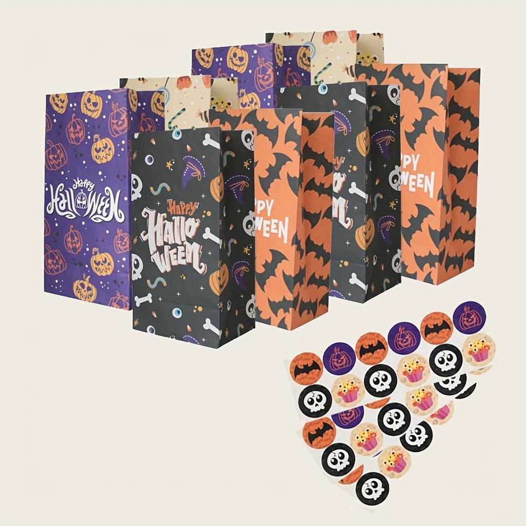 24 шт. Хэллоуин Крафт-бумажные пакеты Студенческая тематическая вечеринка Упаковка для конфет Бумажные пакеты Хэллоуин Пакет для закусок - 24 пакета + 24 круглые наклейки