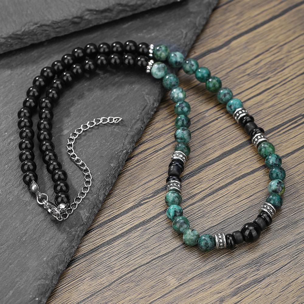 Natural Stone Beaded Handmade Men's Necklace Single-layer Personalized Punk Style Stainless Steel Necklace Men