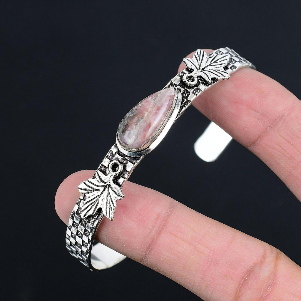 Daughters Day Sale Rhodochrosite Stone 925 Sterling Silver Leaf Mother Bangle