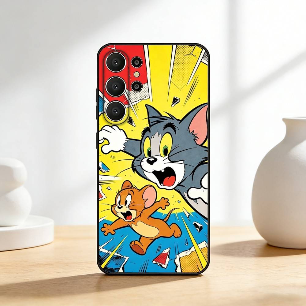 Забавный чехол для телефона T-TomS Cartoon JerryS для Samsung S26,S25,24,23,22,30,21,10,9,Ultra,Plus,Lite,FE Мягкий черный чехол