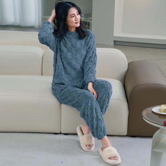 2 Pcs/Set Winter Pajamas Set Thickened Coral Fleece Checked Texture Round Neck Long Sleeves Top Wide Leg Elastic Waist Trousers Homewear Loungewear