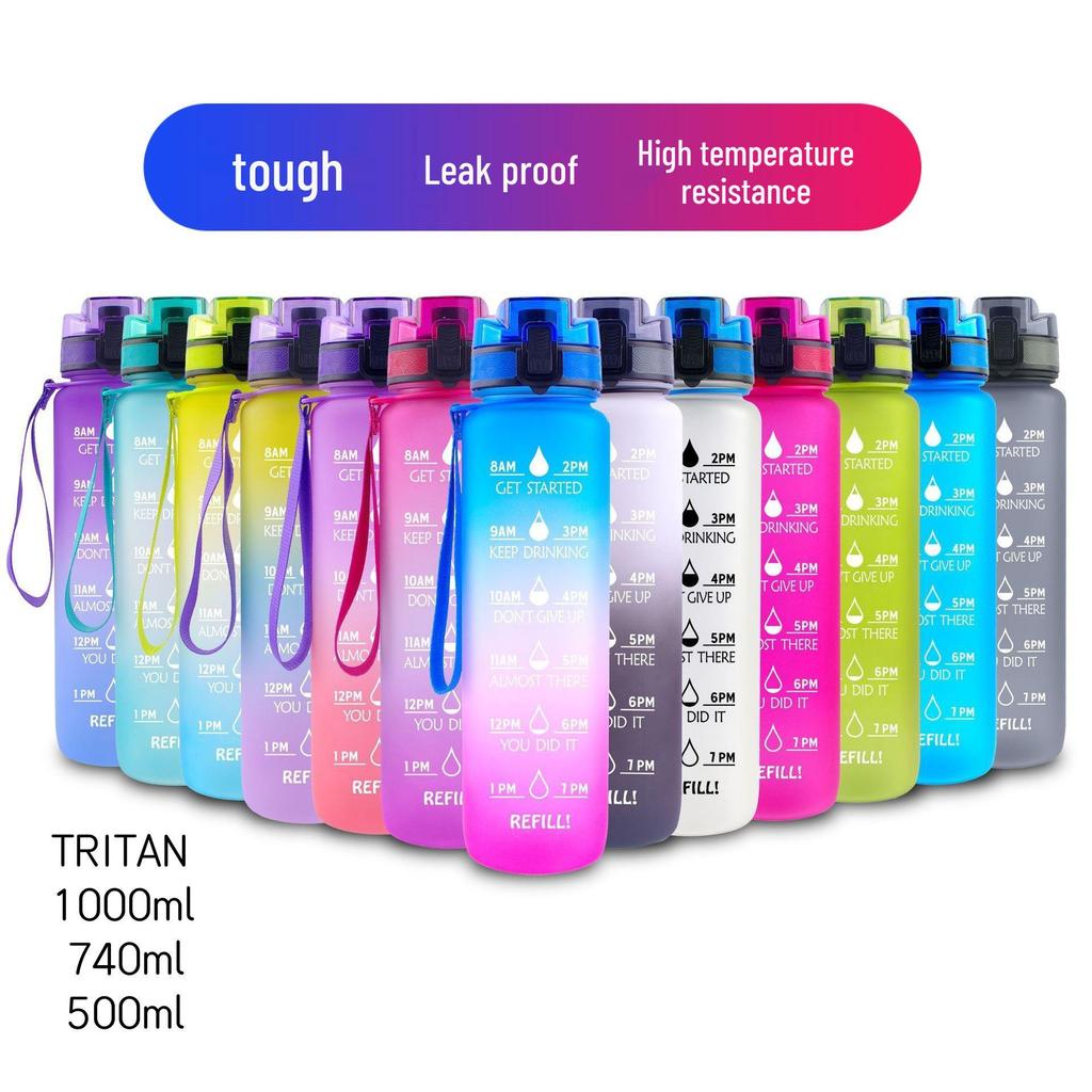 Tritan Frosted 1000ml Plastic Water Bottle with Time & Capacity Scale, Portable Handle