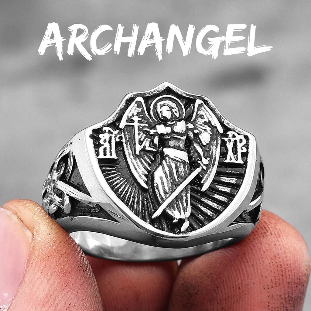 Archangel St.Michael Religion Amulet Stainless Steel Mens Rings Punk for Male Boyfriend Biker Jewelry Creativity Gift