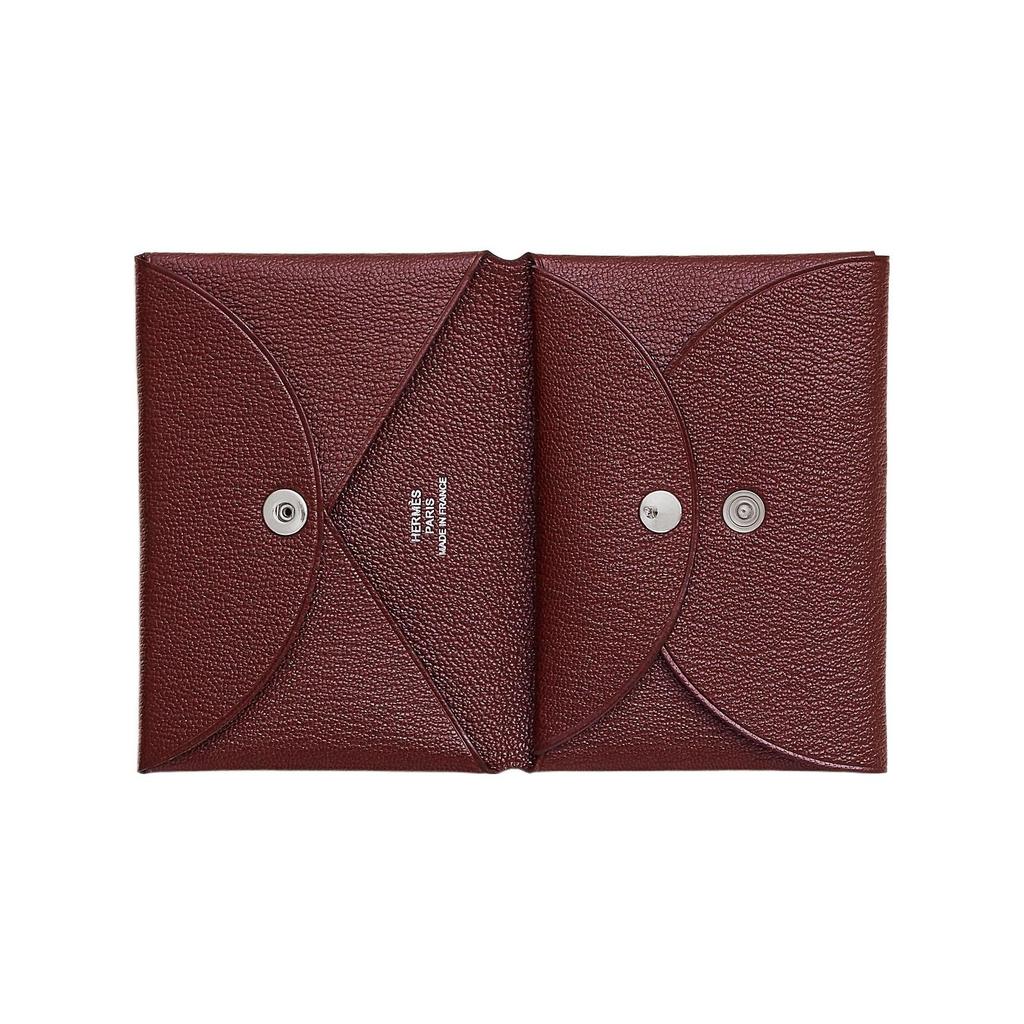 Hermes Calvi Duo Compact Palladium Press Button Closure Mysore Goat Leather Card Holder Women card holder Rouge-H H082977CK55