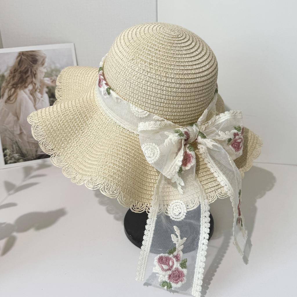 Летняя новая соломенная шляпа с широкими полями и вышивкой в виде банта, женская пляжная шляпа, закрывающая лицо от солнца, солнцезащитная шляпа, соломенная шляпа от солнца