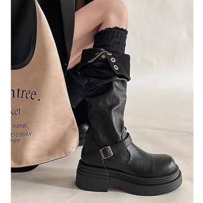 Женские ботинки на платформе для мотоциклистов, ремешок с пряжкой, ботинки на толстой подошве, женские, новые, черная ПУ кожа, в западном стиле, рыцарские ботинки, женские