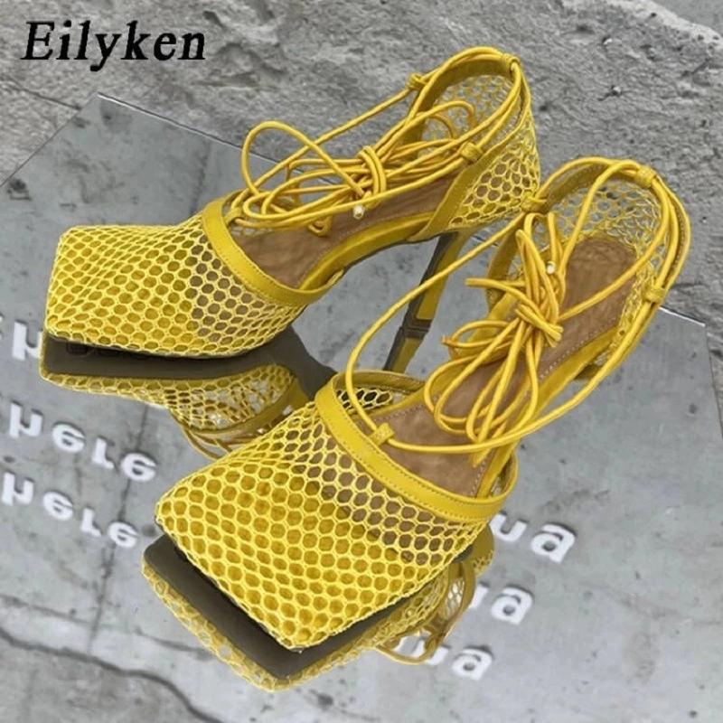 Fashion Eilyken Sexy Mesh Pumps Sandals Female Square Toe High Heel Lace Up Cross-Tied Stiletto Hollow Dress Shoes Zapatos Mujer