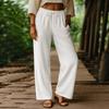 Женские льняные брюки на резинке - Однотонные брюки с широкими штанинами, Дышащие брюки-палаццо свободного кроя