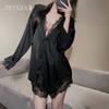 Ziqu Boyfriend Style Shirt Sexy Large Size Pajamas Pure Lust Thin Lace Fake Two Pajamas Loungewear