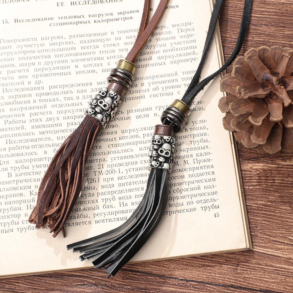 JMXD Vintage Leather Fringe Skull Multi-Strand Long Necklace Punk Rock Statement Charm Fashion Accessory Unisex
