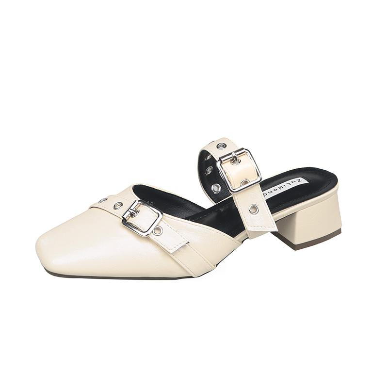 Women's Baotou Slippers Spring New Style Square Head Shallow Mouth Rivet Metal Buckle Non-slip Sandals