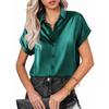Women's Satin Shirt Black Green White Lapel Button Up Short Sleeve Tops Ladies Loose Blouse