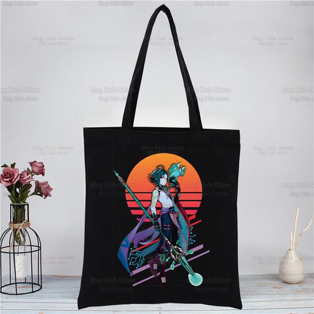 Genshin Impact Xiao аниме-игровые сумки, тканевая холщовая большая сумка, черная сумка для покупок, путешествий, женские эко-многоразовые сумки на плечо для покупок
