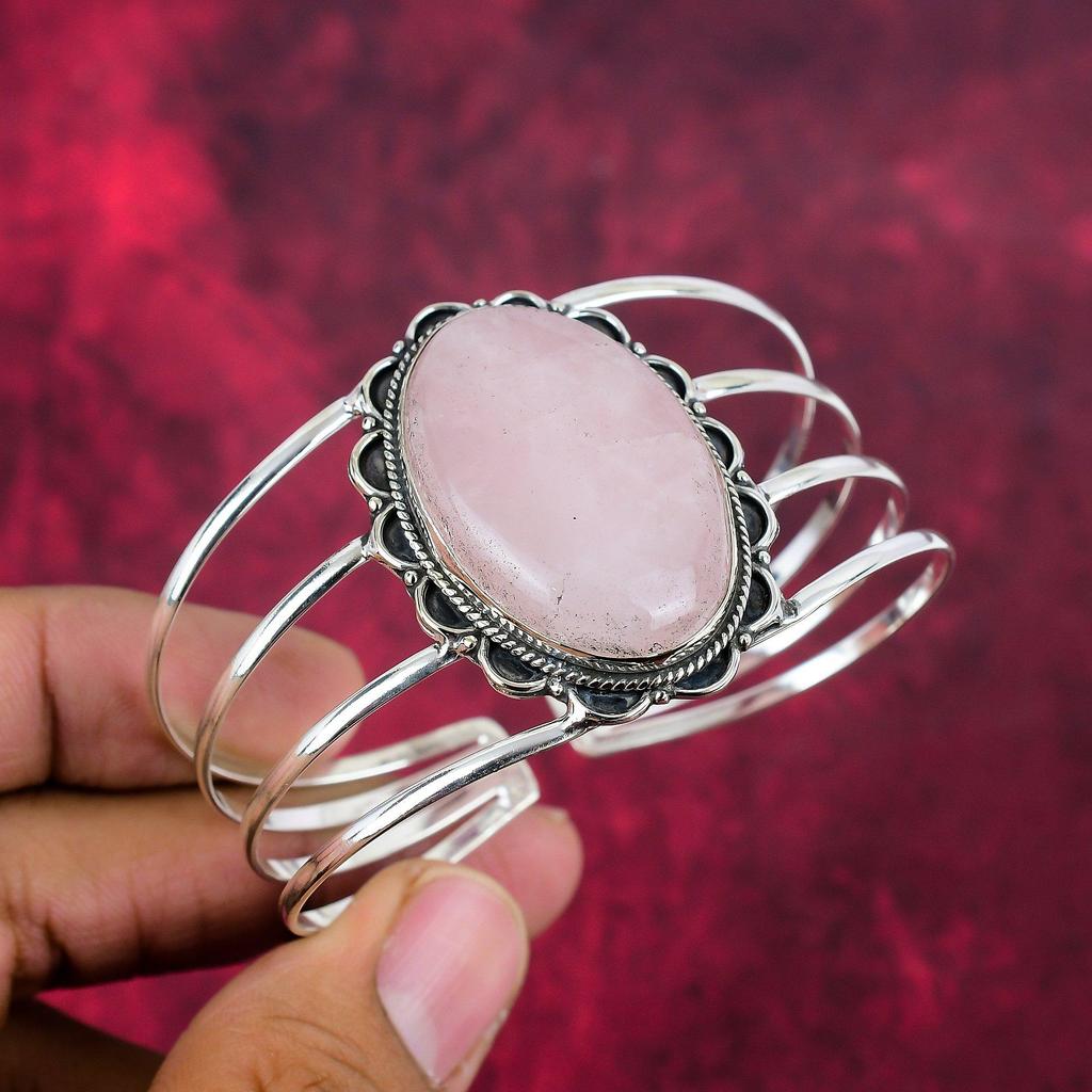 Rose Quartz Handmade Latest Design Jewelry Bangle, 925 Solid Sterling Silver Gemstone Bangle, Gift For Mother