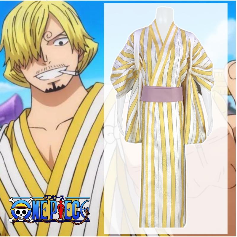 Высококачественный полиэстер Аниме Пират Зоро Косплей Костюм Желтое Полосатое Кимоно