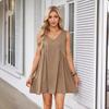 Fashion V-neck Sleeveless Summer Dress Women Loose Pleated Casual Party Short Dress Office Lady Solid Vintage Elegant Sexy Dresses 1043