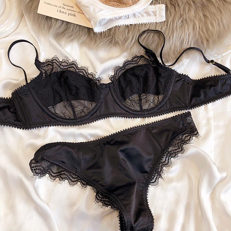 French Ultra Thin Lace Splicing Bra Set for Women Underwear Sexy Silk Breathable Bra and Panties Set Summer Comfortable Lingerie