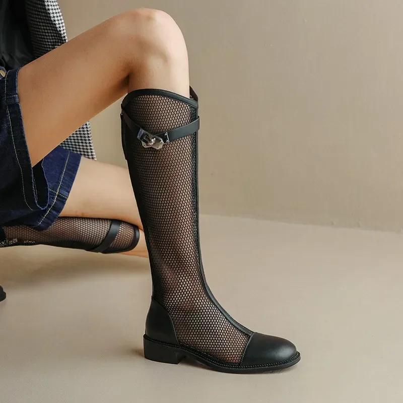 Female Summer Knee-high Mesh High Boots Women V-mouth Breathable Mesh Knight Boots Thick Heel Hollow Long Cool Boots Botas Mujer