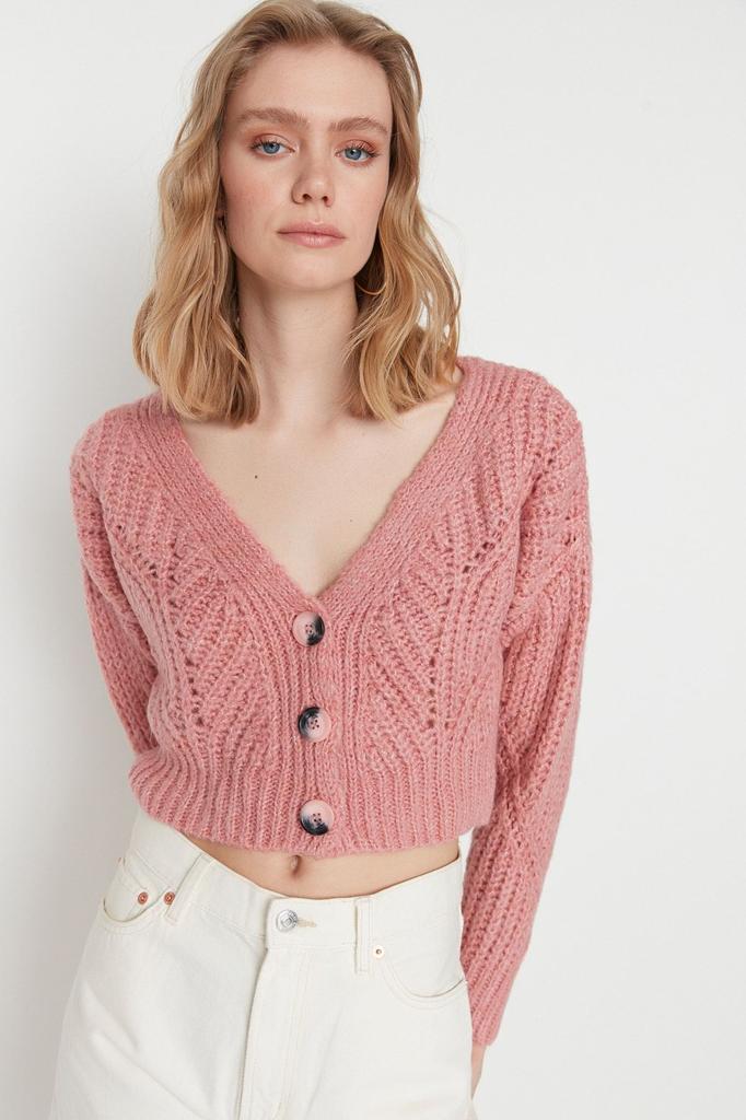 Женский элегантный кардиган, пудровый, мягкий текстурированный укороченный трикотаж, кардиган