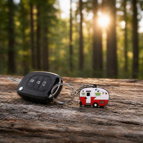 Cartoon RV Shape Keychain, Contrasting Color Keyring Accessories for Travel Trailers, Enameled Metal Retro Camping Car Keychain