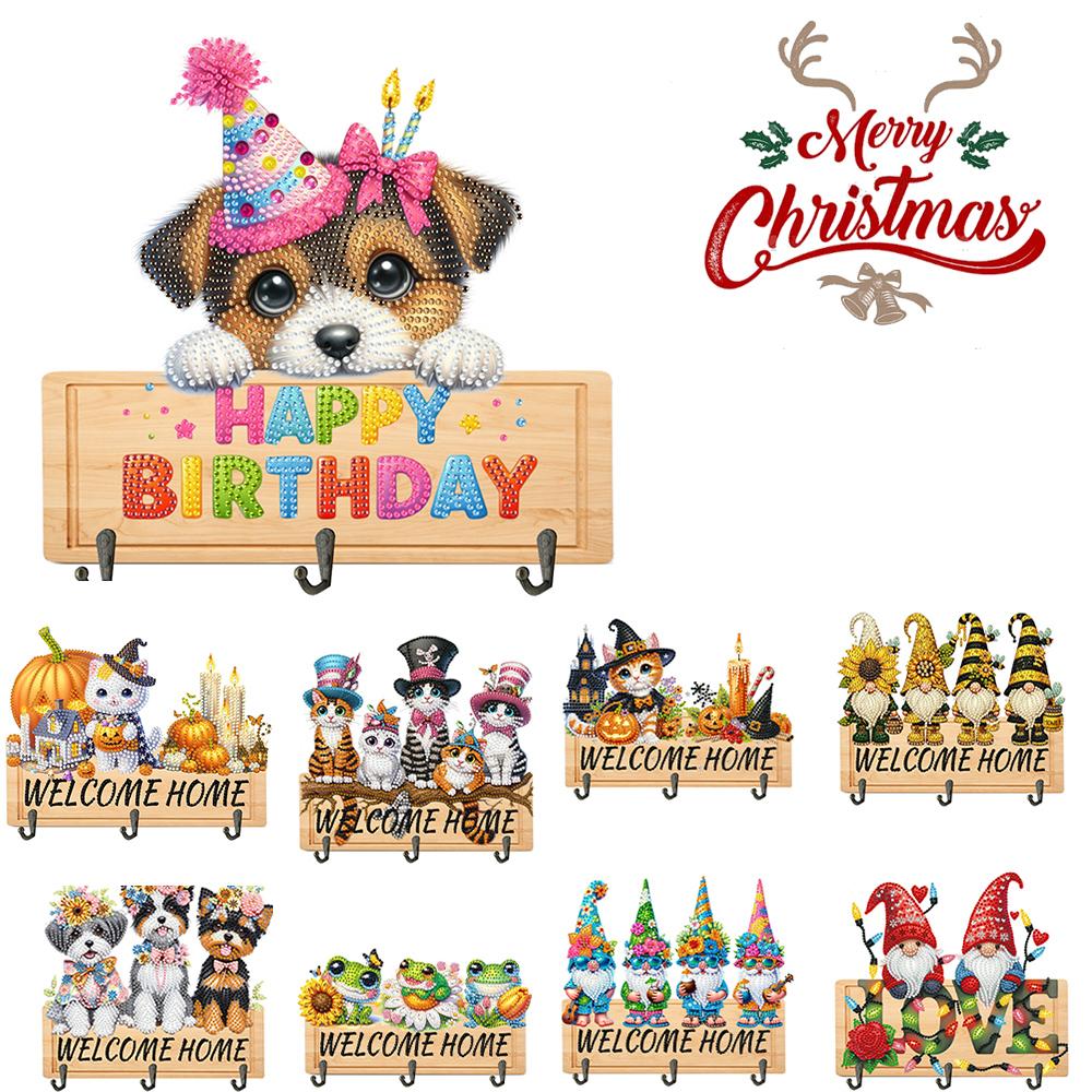 Wooden Diamond Art Hanging Hooks with 3 Hooks Rhinestone Painting Coat Hook Welcome Home Dog DIY Diamond Painting Art Hooks