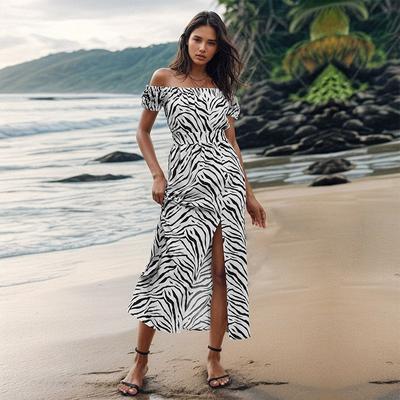 Женская мода на лето и весну с принтом зебры и коротким рукавом на одно плечо с высокой талией повседневные платья