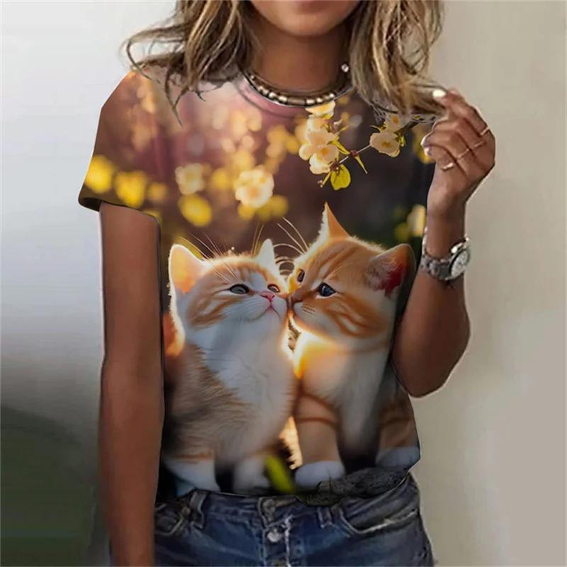 Модная женская футболка с 3D принтом Kawaii Cat Pattern, топ с короткими рукавами и круглым вырезом, летняя уличная повседневная уличная простая одежда