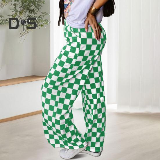 Женские брюки с высокой талией, эластичные, клетчатые, широкие, повседневные брюки свободного кроя, повседневная одежда для работы и отдыха