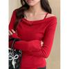 Pure Desire One-shoulder Exposed Collarbone Long-sleeved T-shirt Women's Autumn and Winter New Christmas and New Year Red Inner Bottoming Waist Top