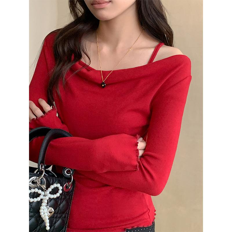 Pure Desire One-shoulder Exposed Collarbone Long-sleeved T-shirt Women's Autumn and Winter New Christmas and New Year Red Inner Bottoming Waist Top