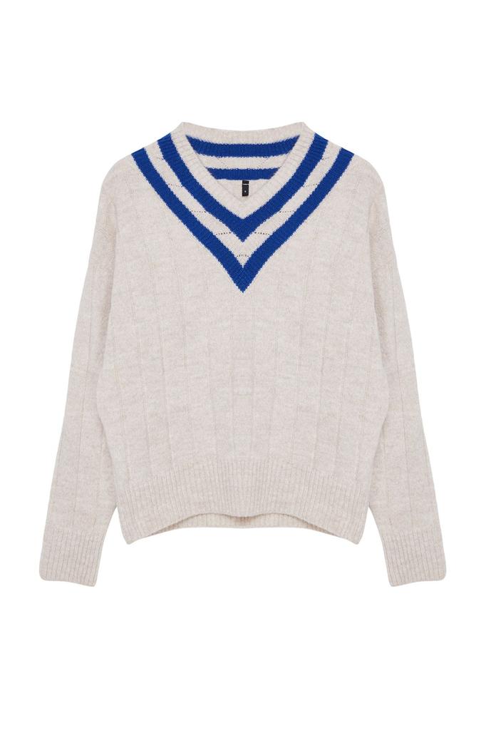 Women's Elegance Style Sweater Stone Soft Textured V-Neck Color Blocked Knitwear Sweater