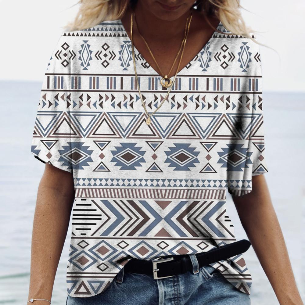 Летние футболки с 3D принтом в этническом стиле, женская модная винтажная уличная футболка с коротким рукавом и v-образным вырезом, футболки, топы, женская одежда